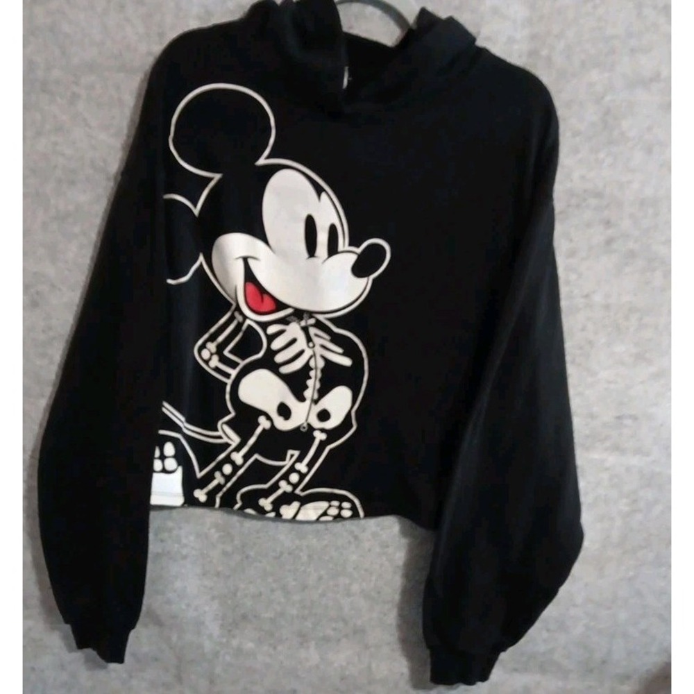 Disney Womens XXL 19 Mickey Mouse Skeleton Black Crop Hoodie Sweatshirt EUC